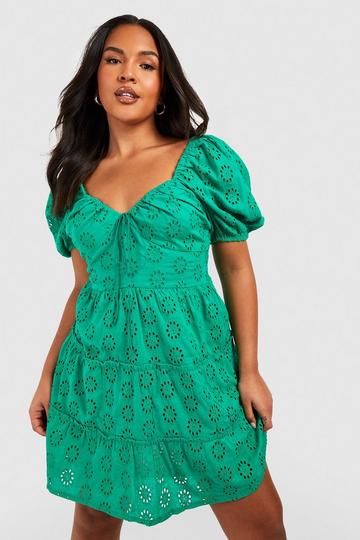 Plus Eyelet Anglaise Puff Sleeve Tiered Skater Dress green