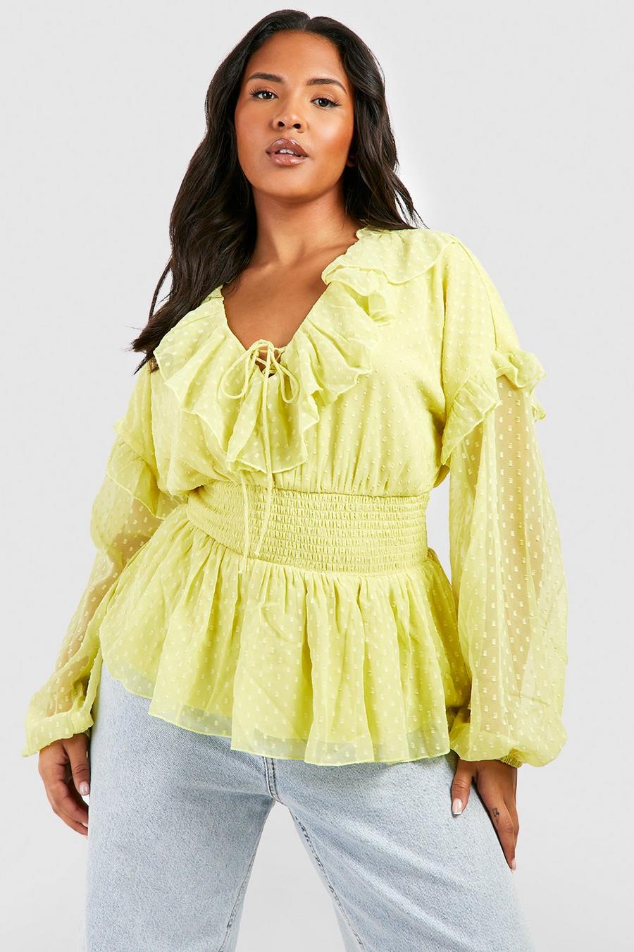 Soft green Plus Dobby Mesh Lace Up Peplum Smock Top image number 1