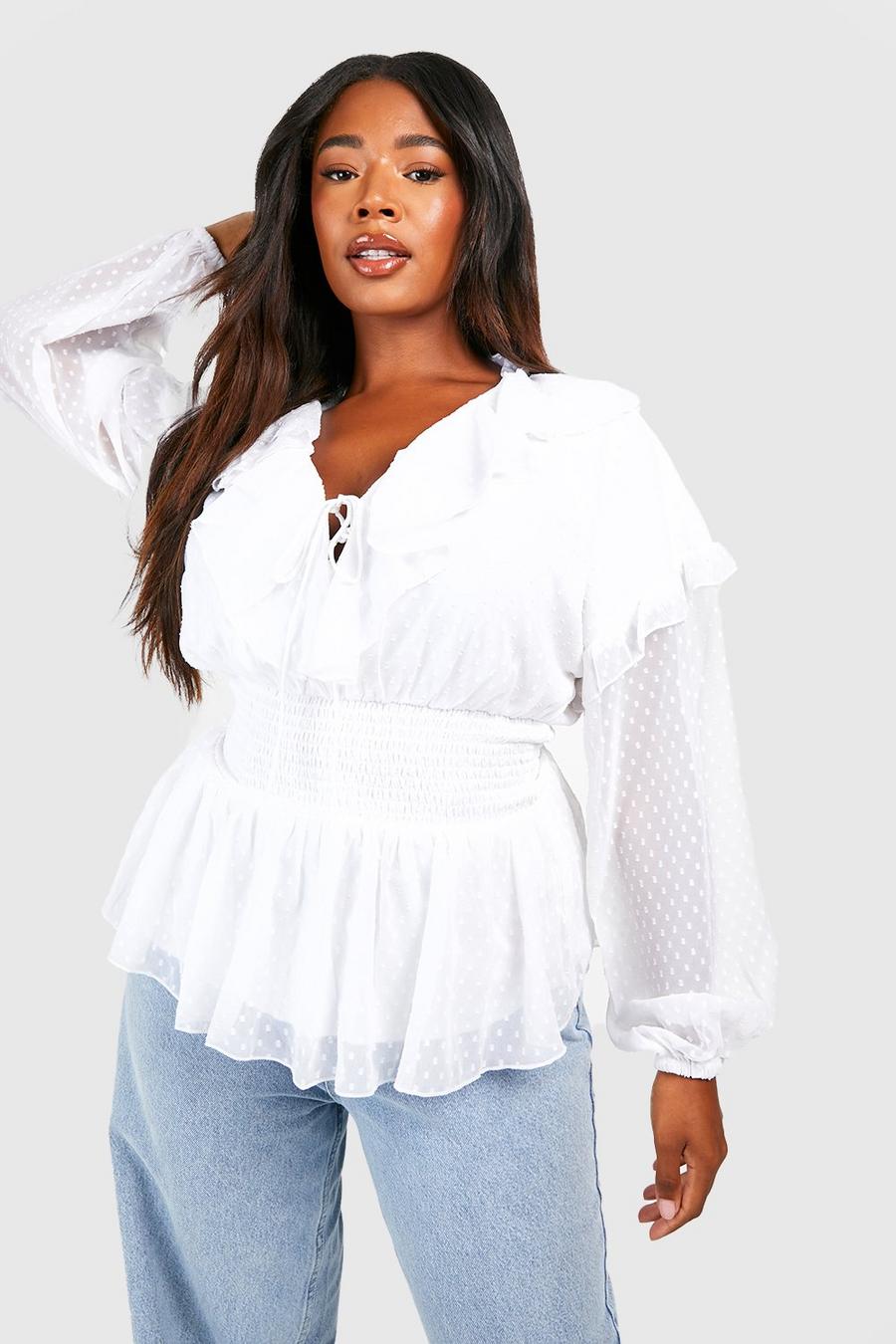 White Plus Dobby Mesh Lace Up Peplum Smock Top image number 1