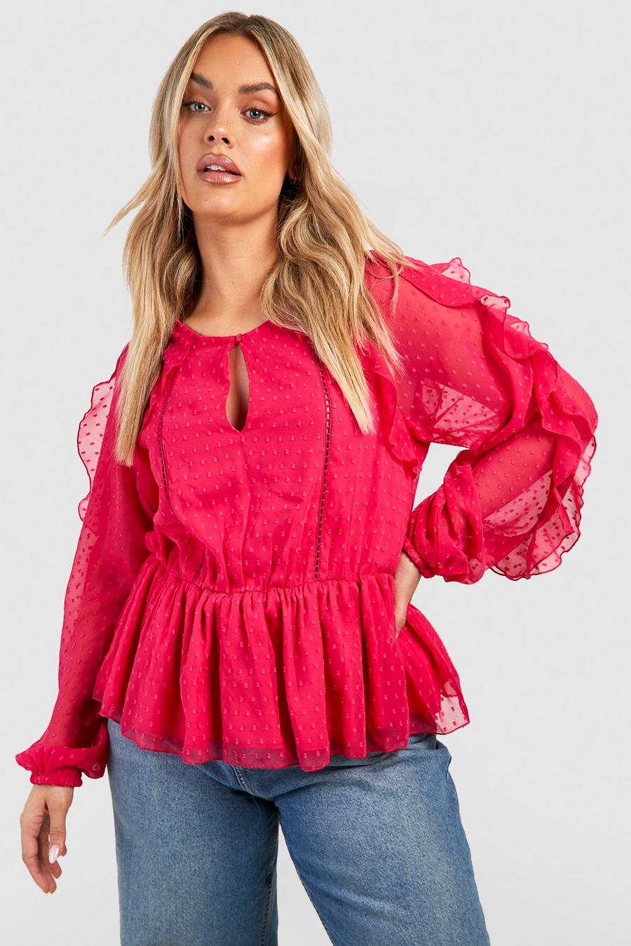 Hot pink Plus Dobby Mesh Keyhole Ruffle Front Smock Top