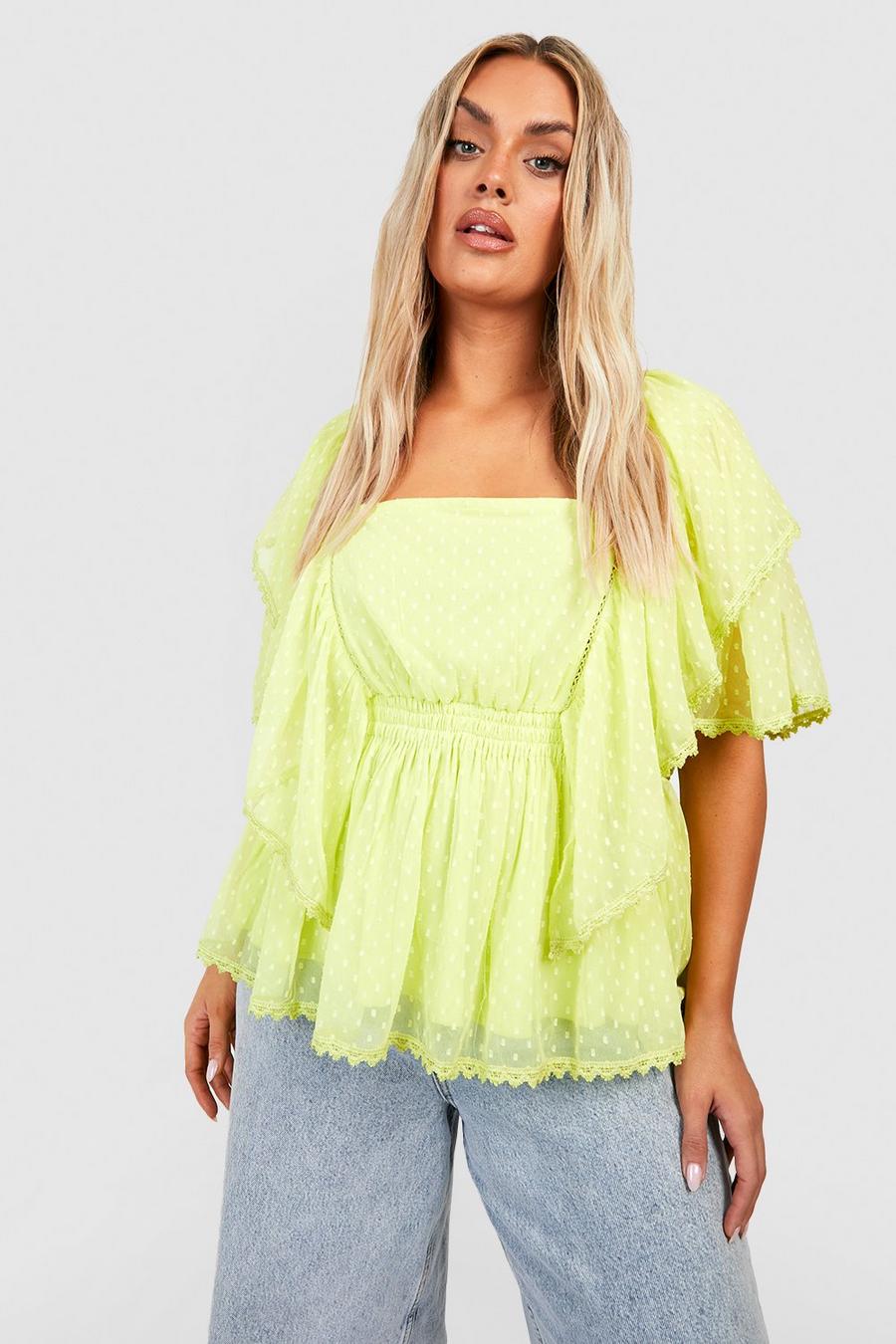 Soft green Plus Dobby Mesh Frill Sleeve Smock Top image number 1