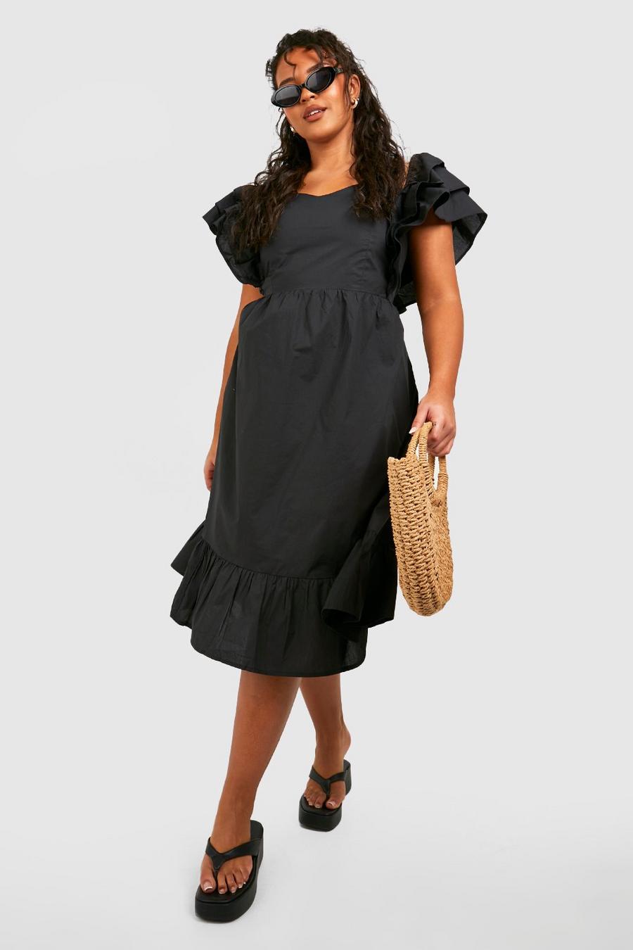 Black Plus Midiklänning med volangärm image number 1