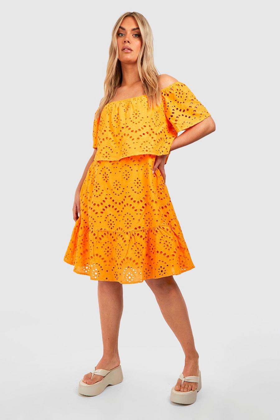 Plus Broderie Anglaise Bardot Mini Dress, Orange arancio