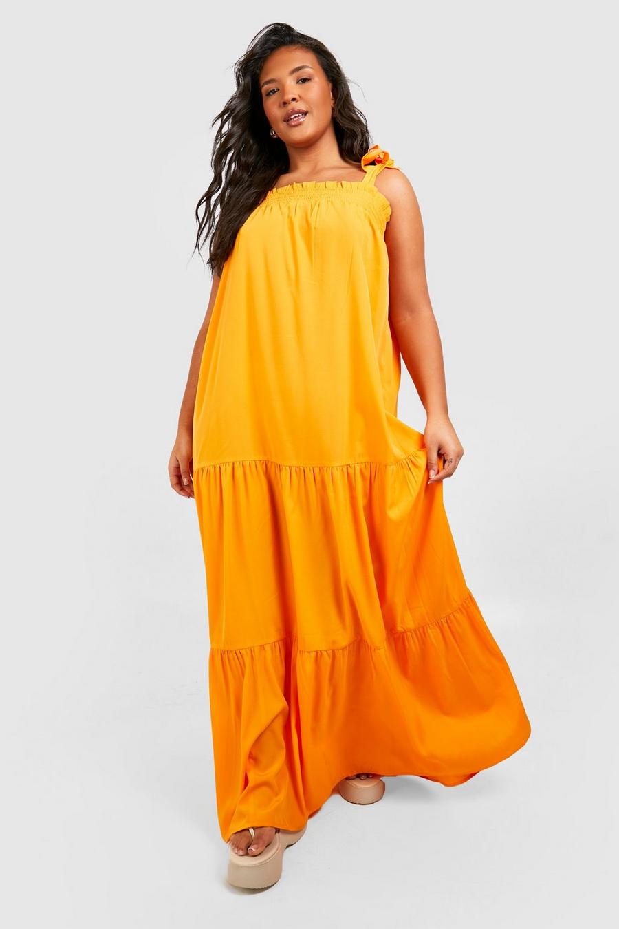 Orange Plus Tie Shoulder Tiered Maxi Dress image number 1