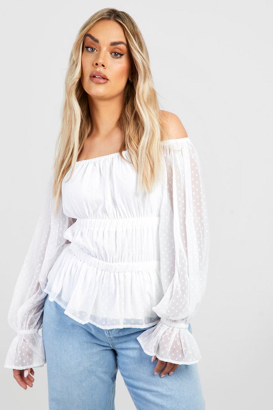 Plus Mesh Ruched Off The Shoulder Peplum Top boohoo