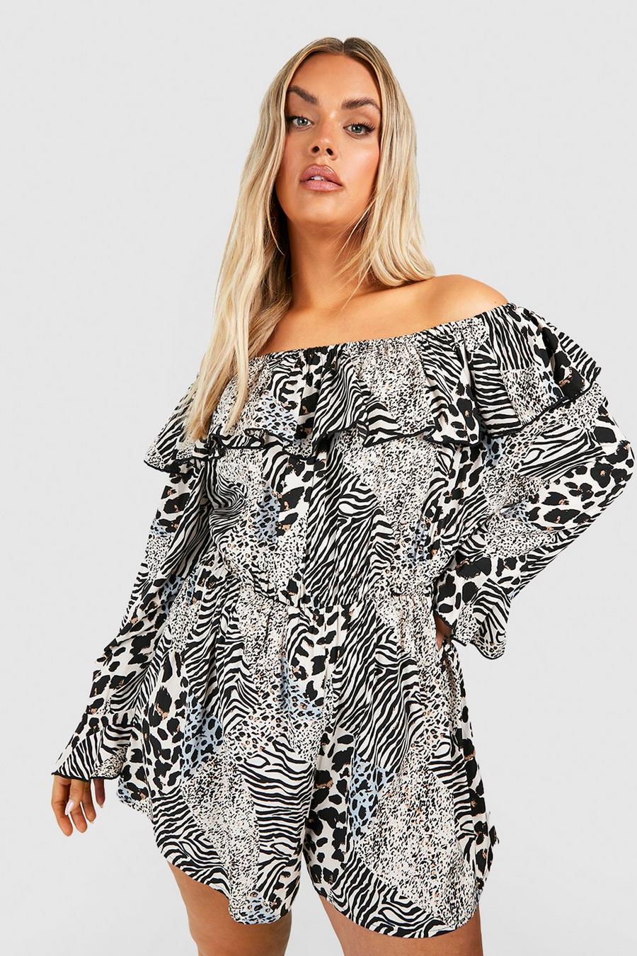 Brown Plus Mixed Animal Print Off The Shoulder Romper image number 1