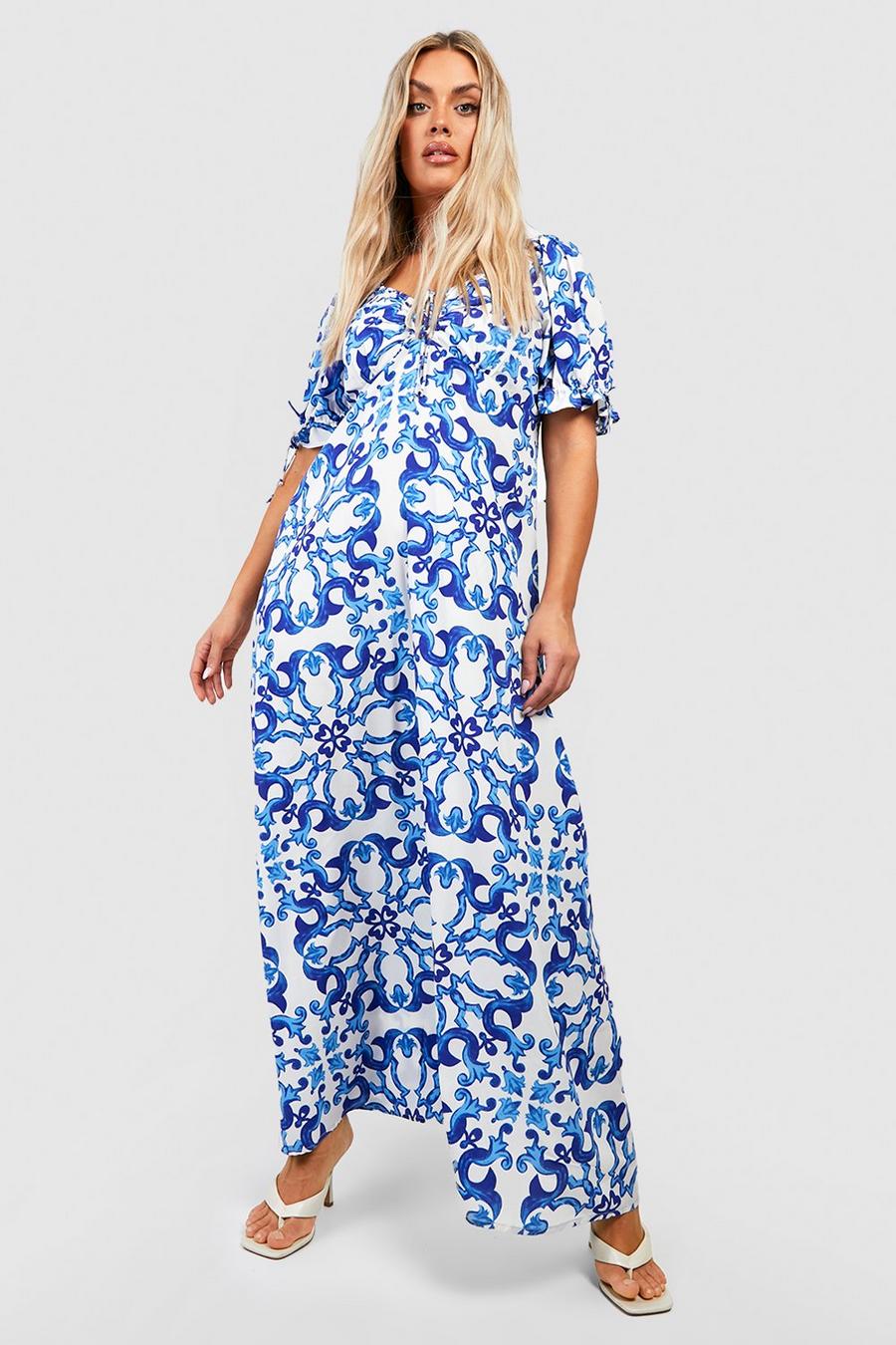 Vestito maxi Plus Size con stampa di motivi stile porcellana e maniche a sbuffo, Blue image number 1