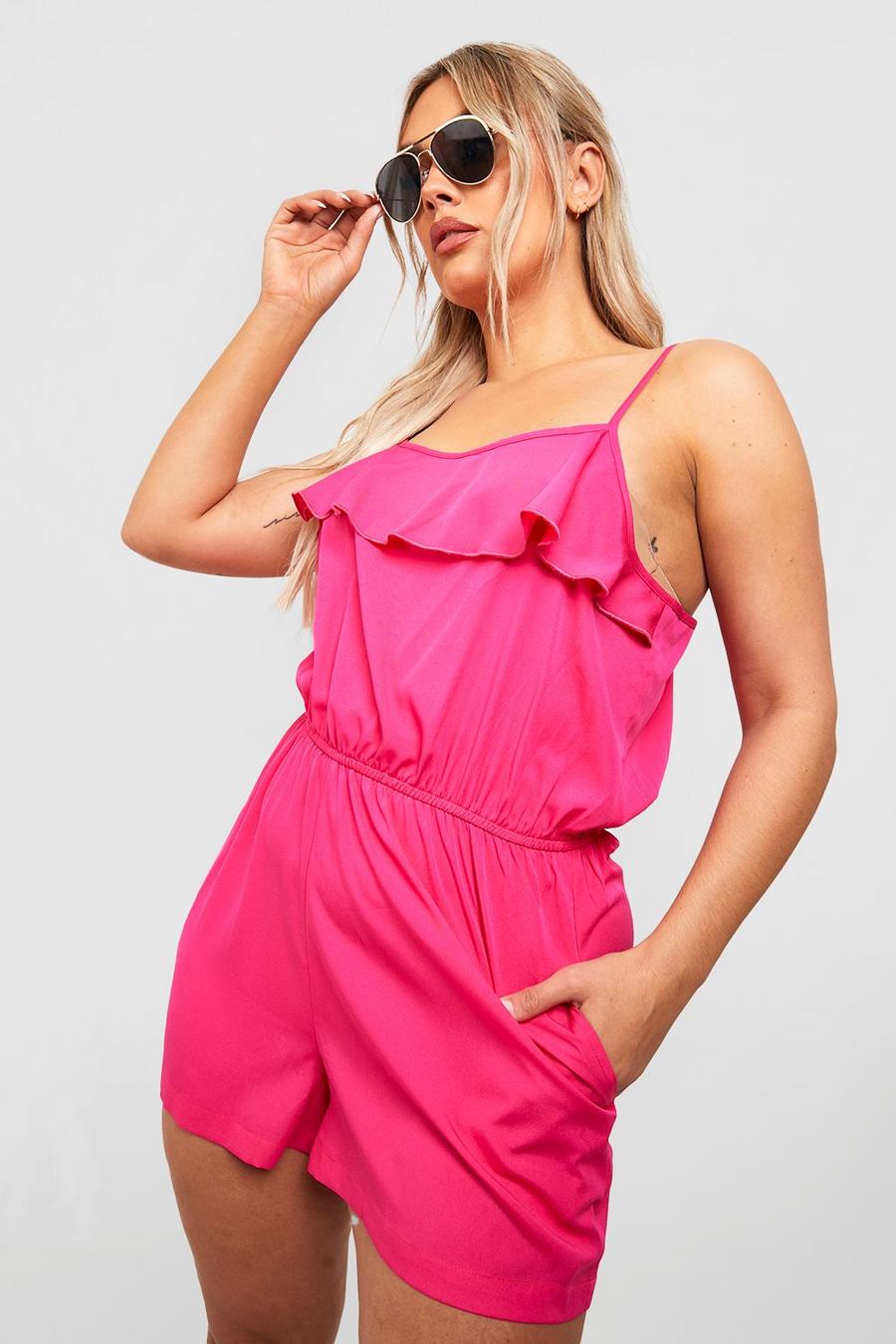 Hot pink Plus Playsuit med smala axelband image number 1