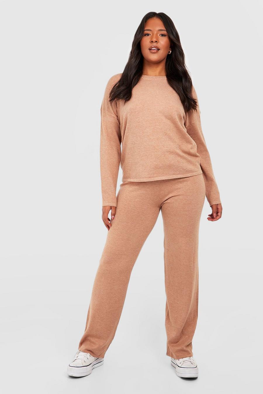 Camel Plus Knitted Wide Leg Co-ord  image number 1