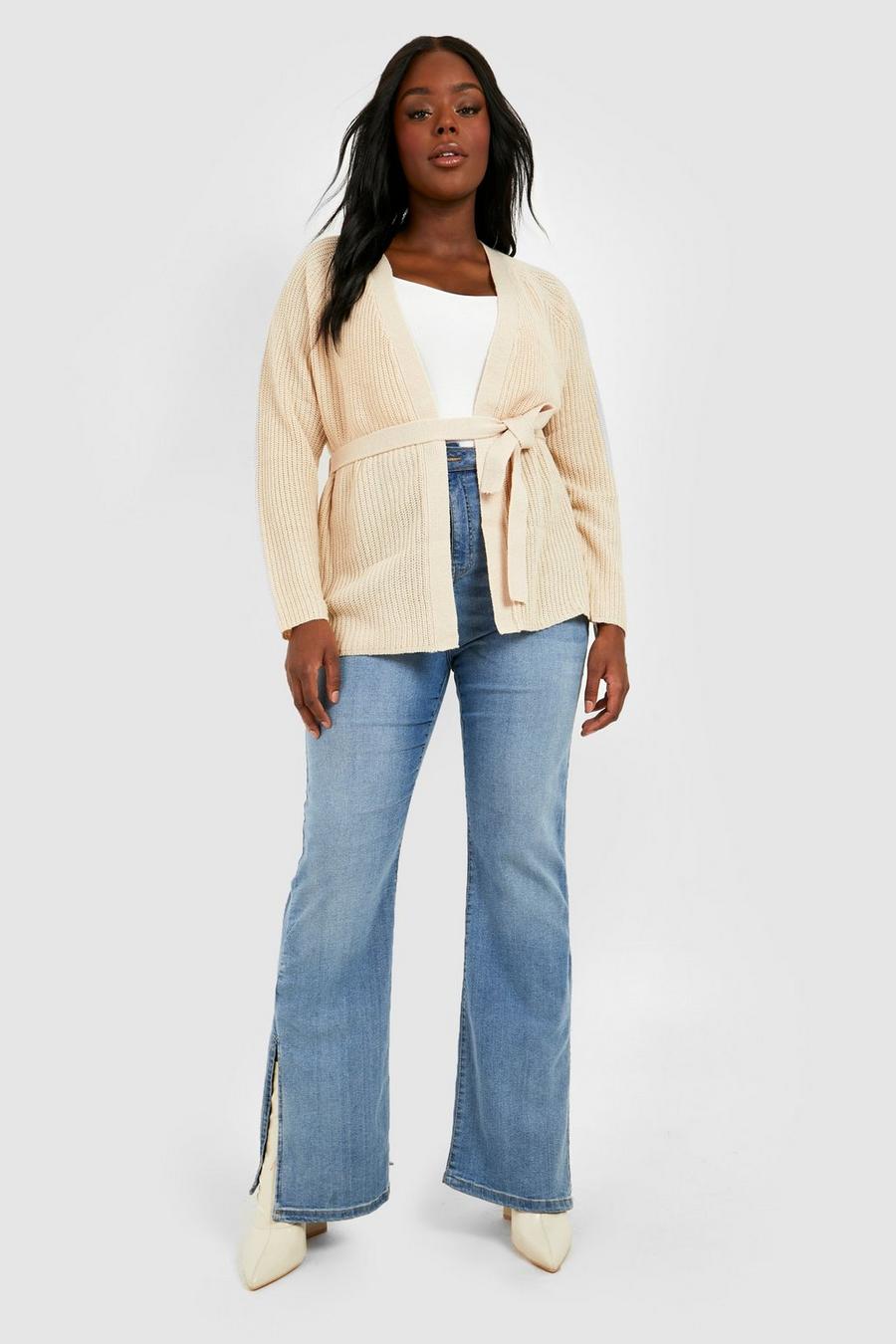 Stone beis Plus Belted Cardigan  image number 1