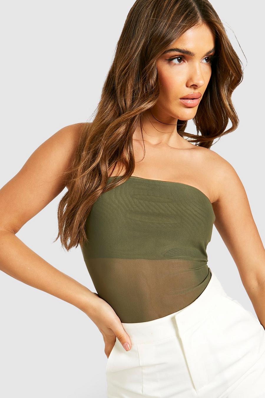 Khaki Bandeau Tube Mesh Fitted Top image number 1