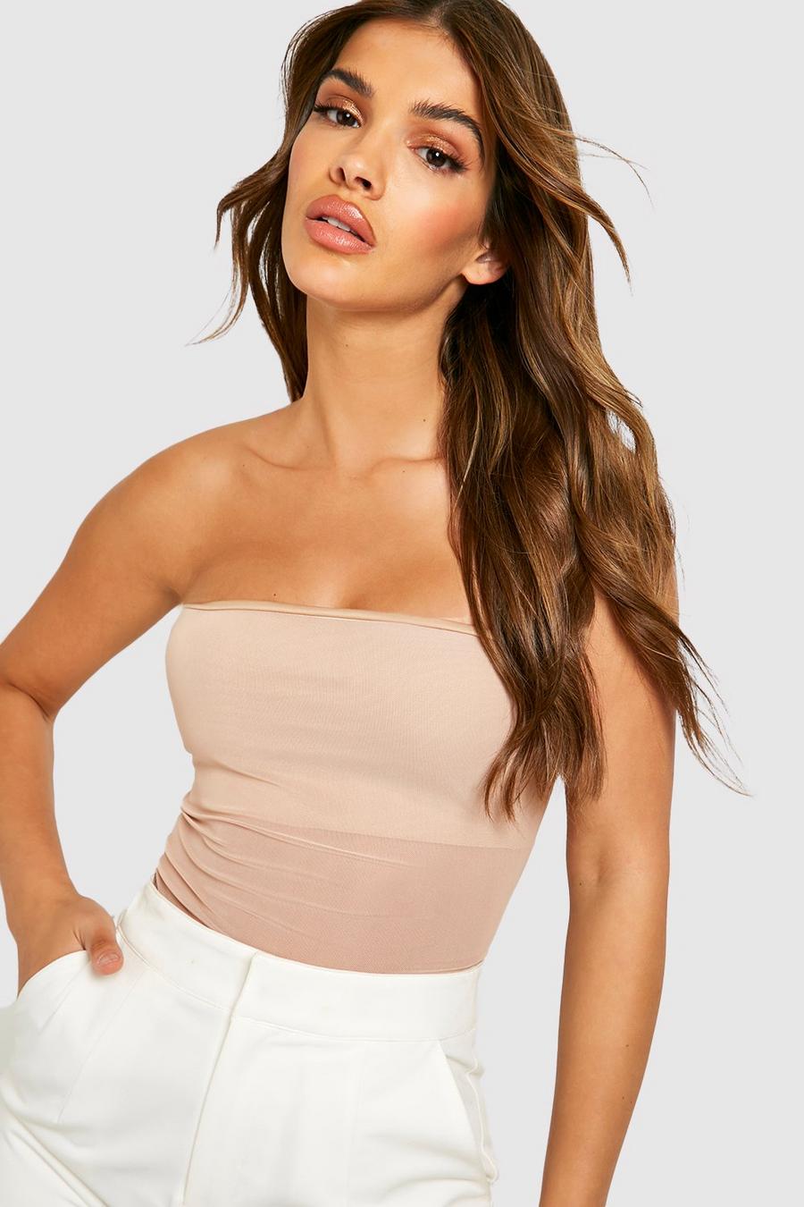 Stone beige Bandeau Boob Tube Mesh Fitted Top