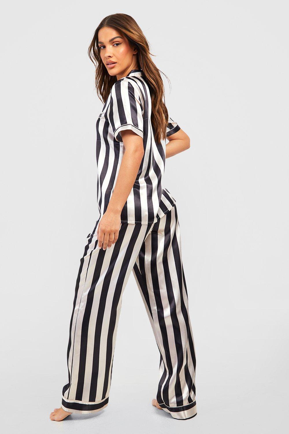 Satin Pajama Shirt and Pants - Cream/striped - Ladies