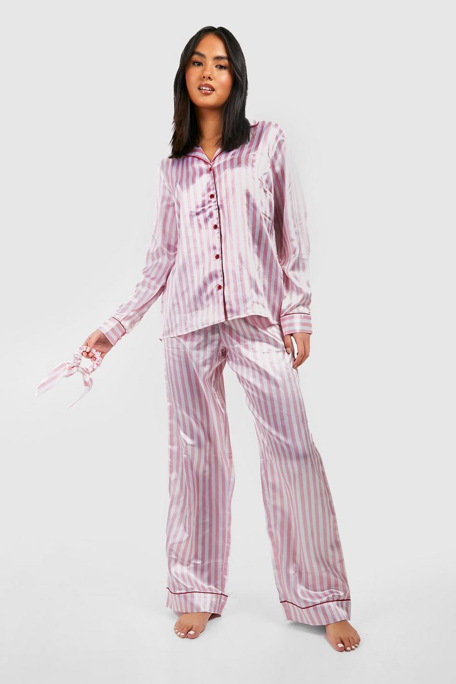 Pink Candy Stripe Satin Pyjama 3Pc Shirt, Pants & Scrunchie Set image number 1