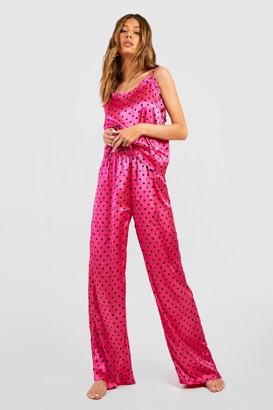 Pink Polka Dot Satin Cami Trouser Pyjama Set image number 1