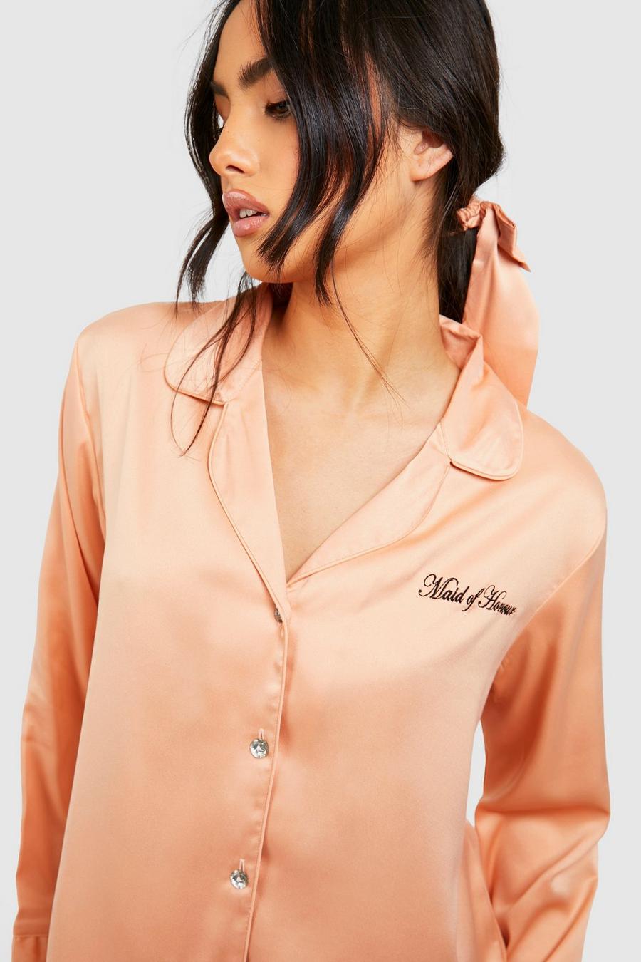 Rose gold Premium Maid Of Honor Embroidered Satin Pj Short Set & Bow image number 1