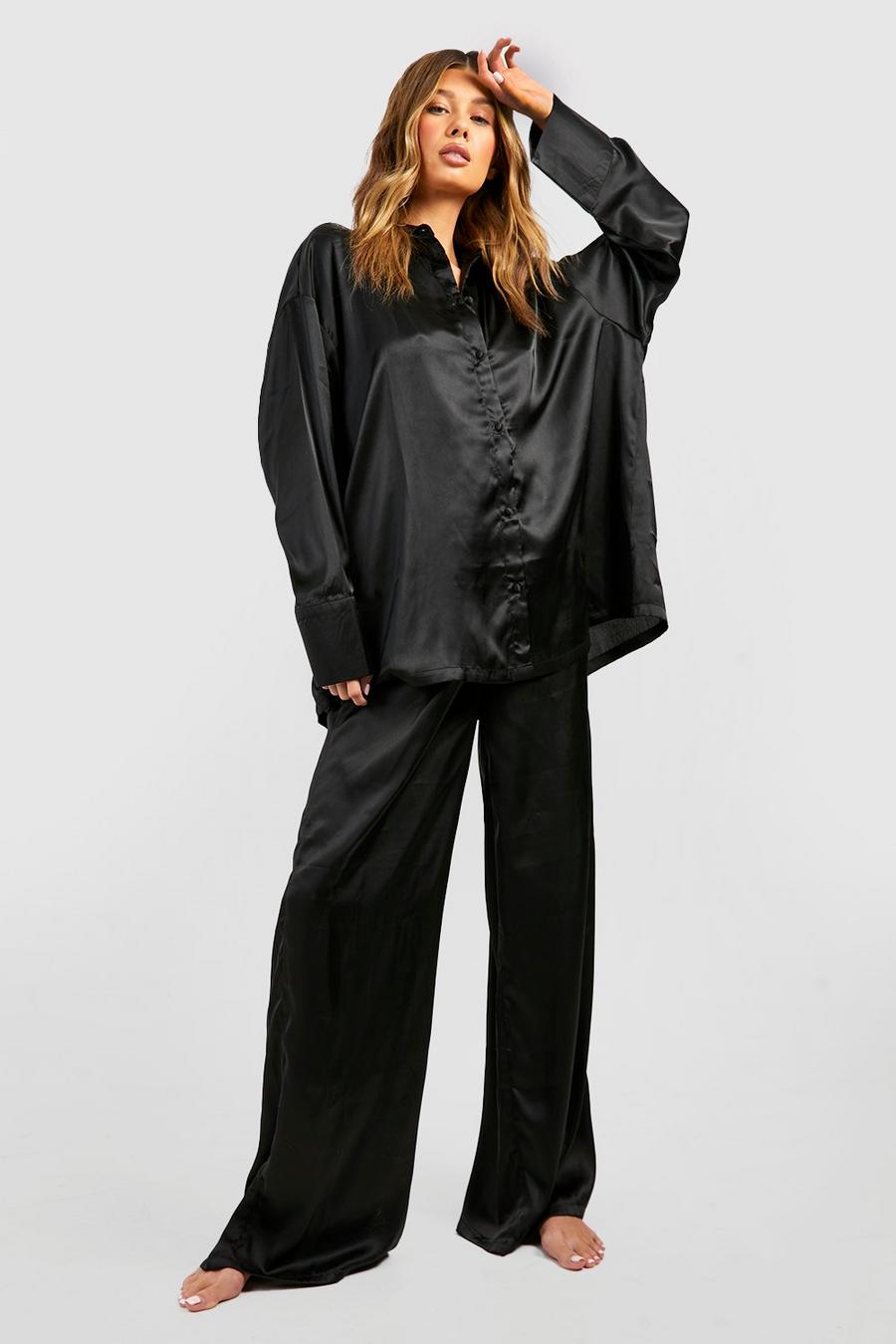 Black Oversized Satin Pajama Shirt & Pants Set image number 1