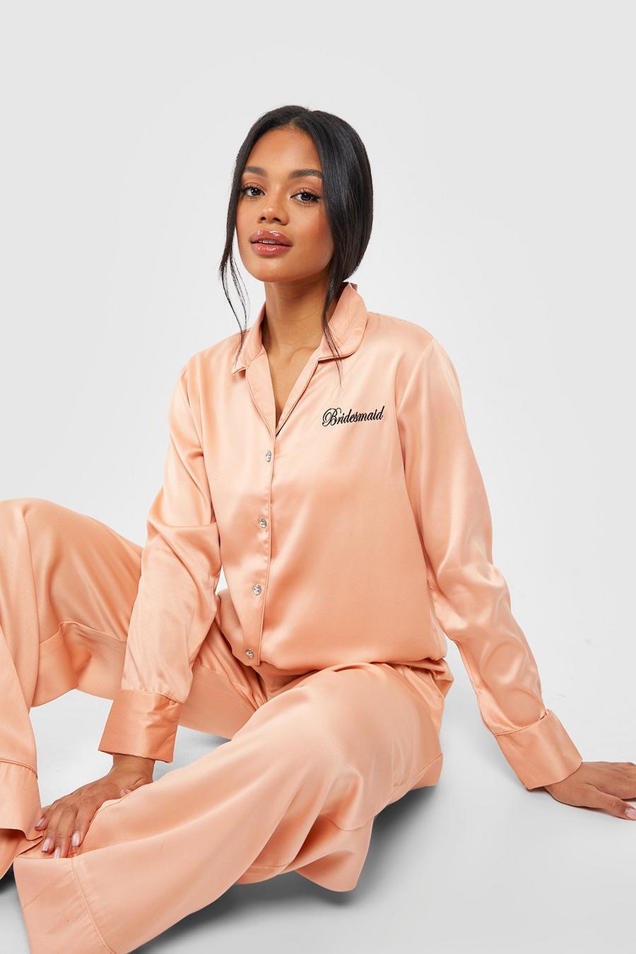 Rose gold metálicos Premium Bridesmaid Embroidered Satin Pj Trouser Set And Bow