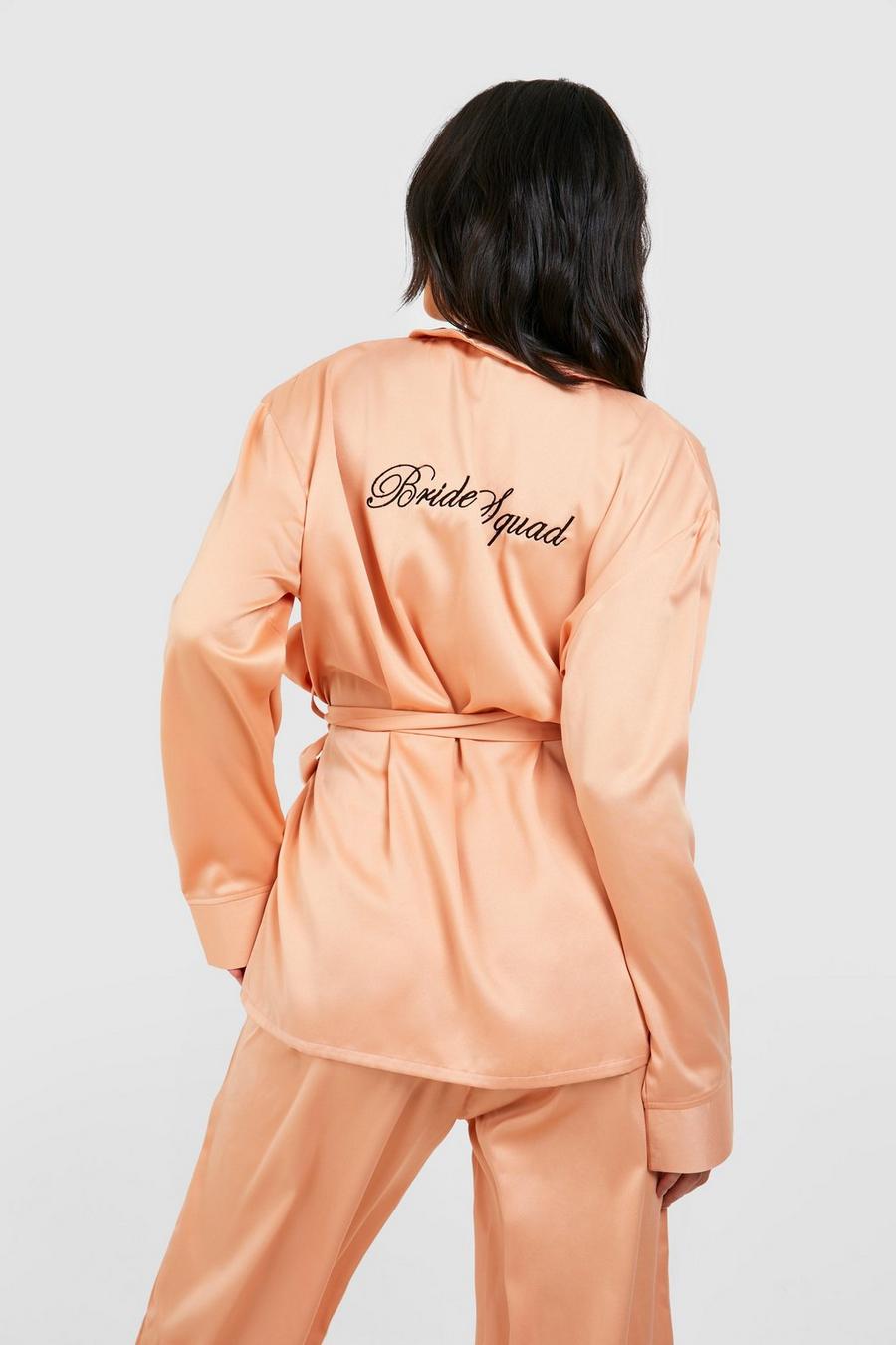 Rose gold metallic Premium Bride Squad Tie Waist Satin Trouser Pyjama Set image number 1