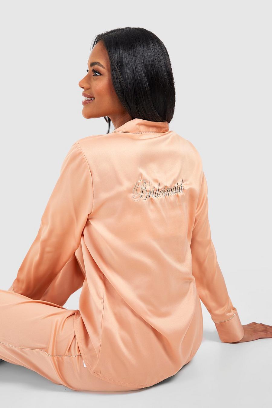 Rose gold Premium Bridesmaid Embroidered Satin Pyjama Trouser Set   image number 1