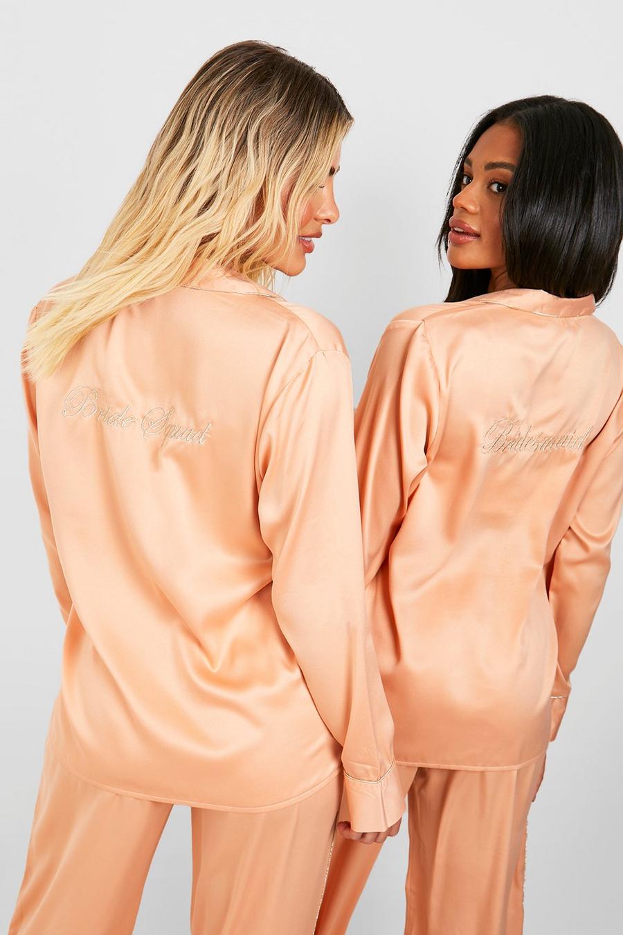Rose gold Premium Bride Squad Embroidered Satin Pajama Pants Set image number 1