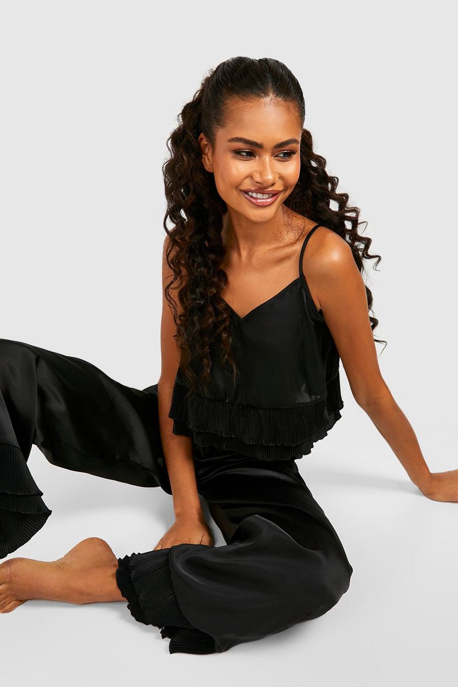 Black Pleated Frill Satin Cami & Trouser Set image number 1