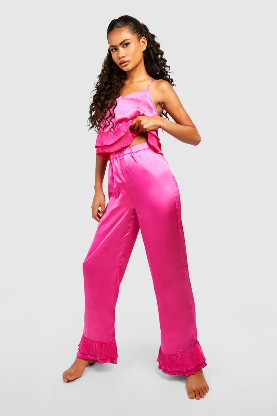 Pink Pleated Frill Satin Cami & Pants Set