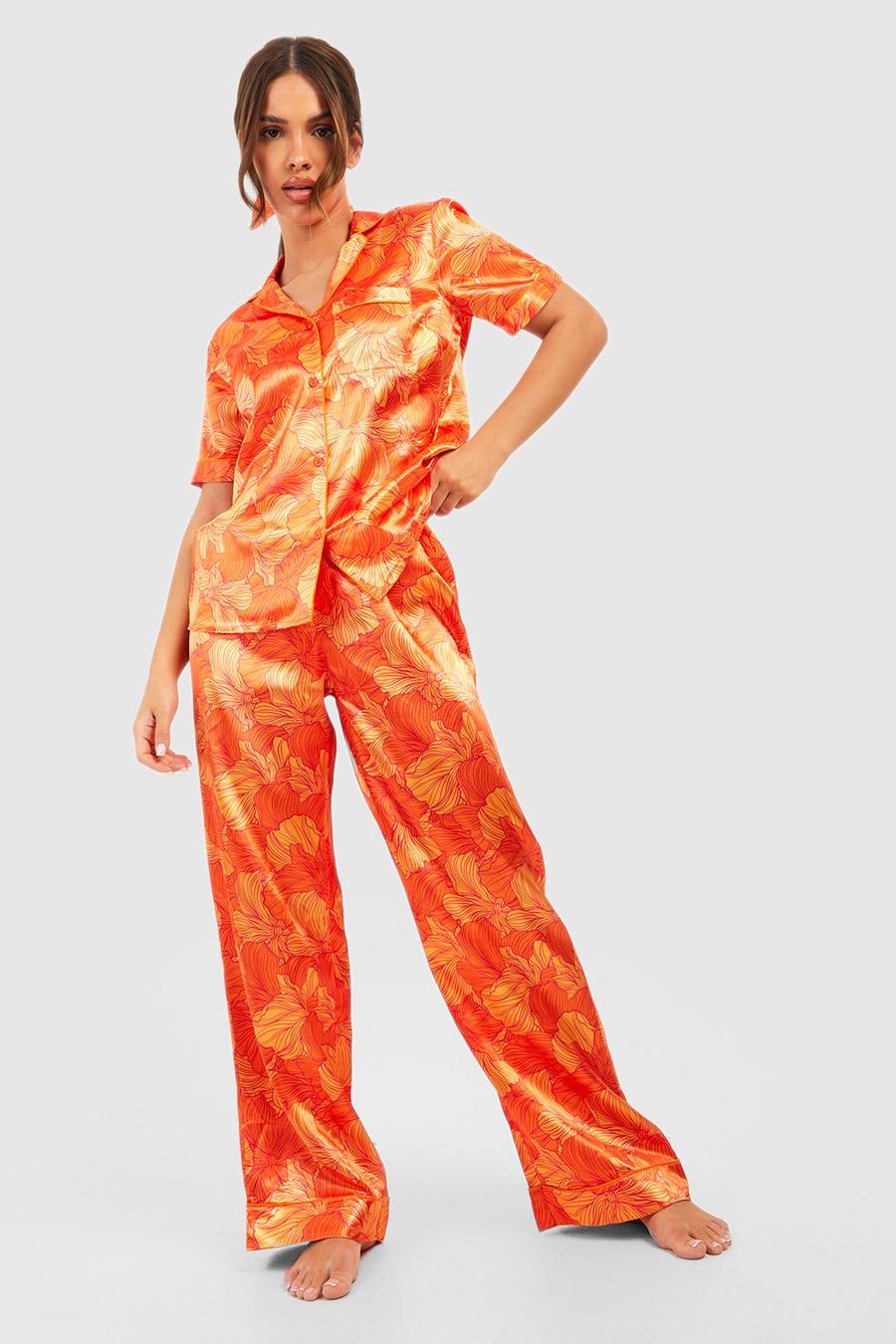 Orange 3 Piece Shirt Trouser & Scrunchie Pj Set  image number 1