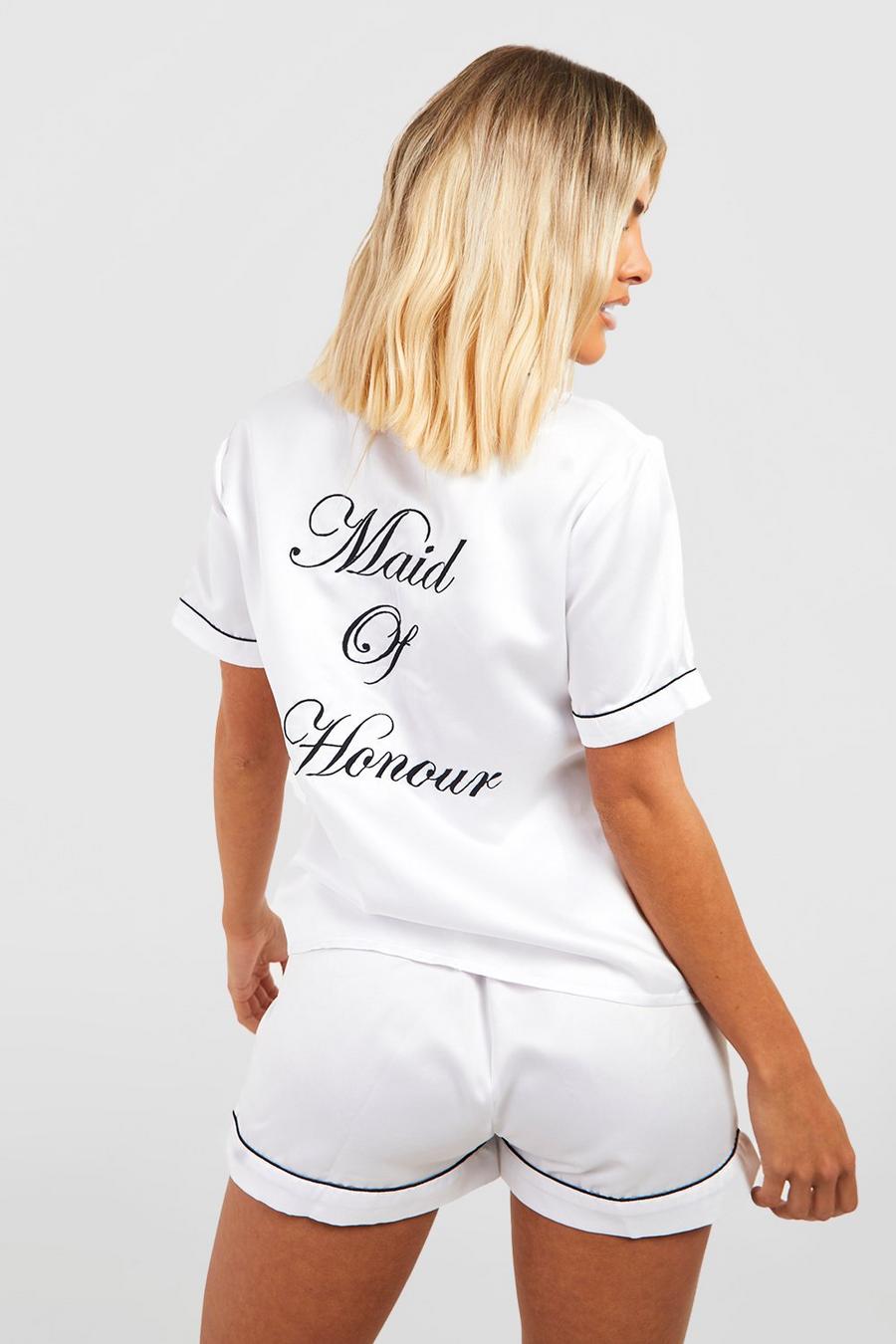 Pyjama satiné à slogan Maid Of Honour, White