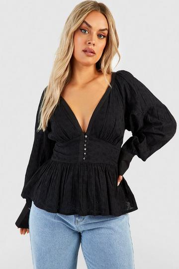 Plus Button Down Brodiere Smock Top black