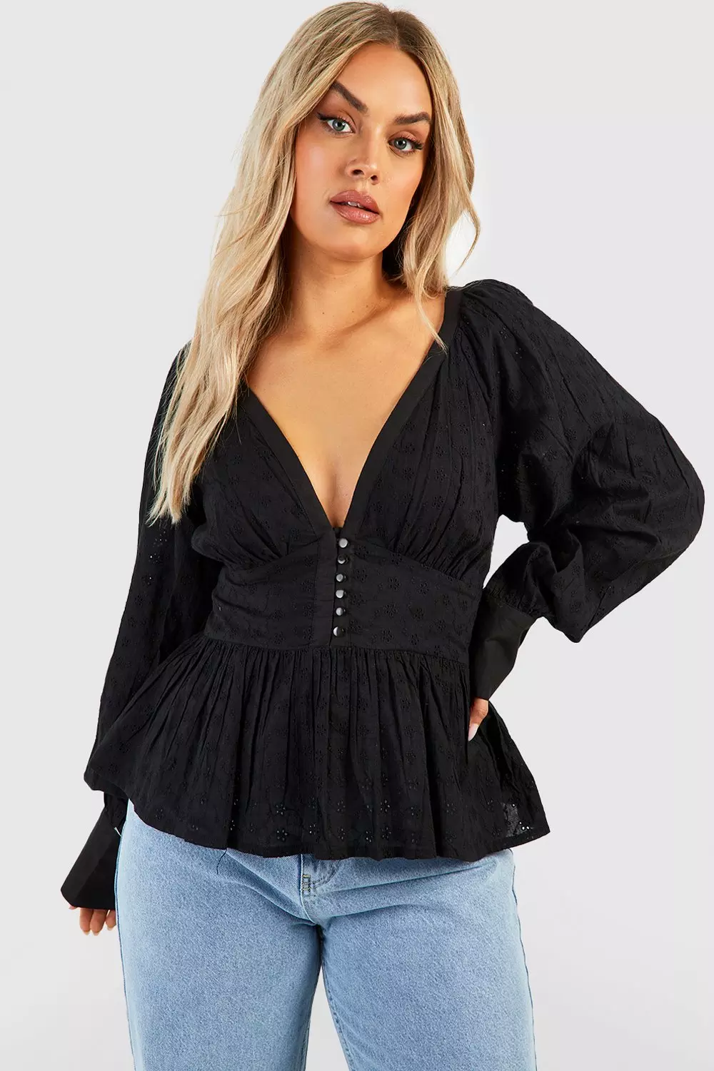 Black Plus Button Down Brodiere Smock Top alternative image