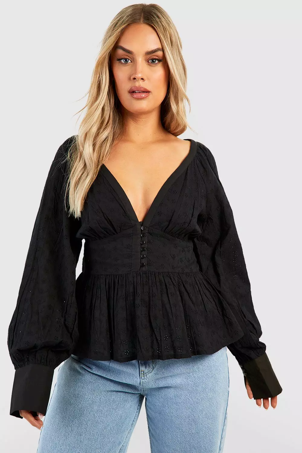 Black Plus Button Down Brodiere Smock Top alternative image