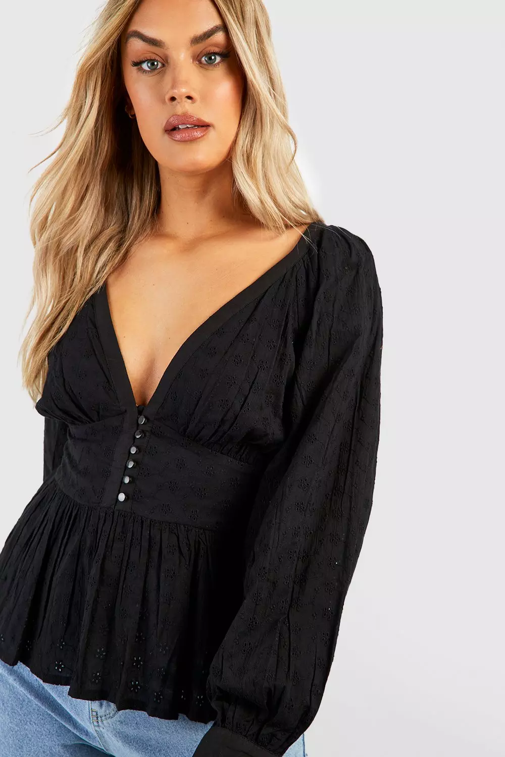 Black Plus Button Down Brodiere Smock Top alternative image
