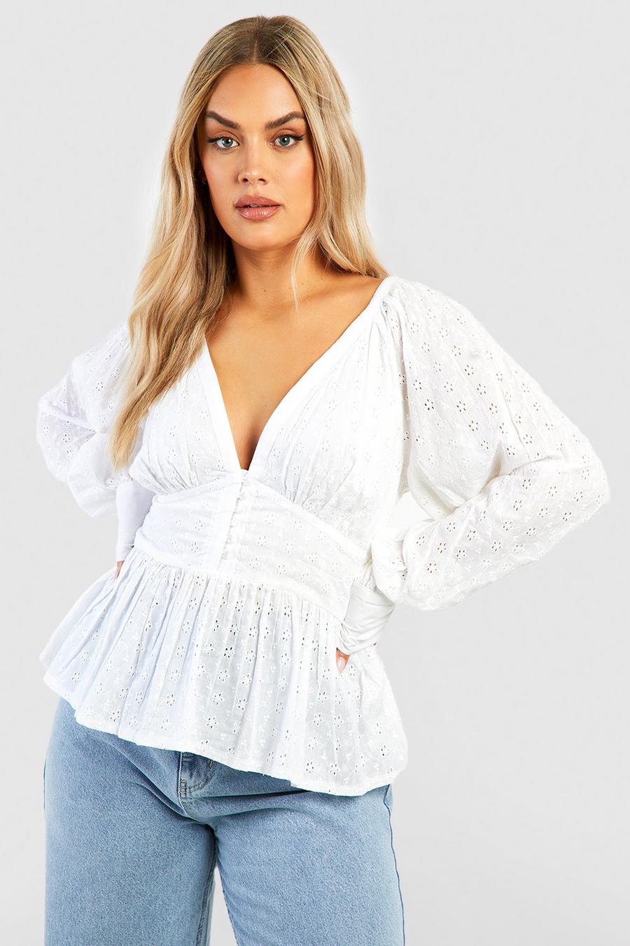 White Plus Button Down Brodiere Smock Top image number 1