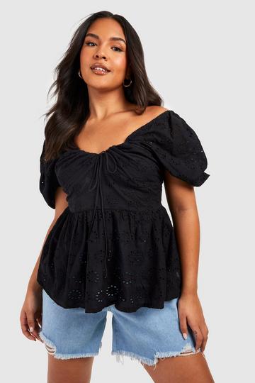 Plus Milkmaid Broderie Smock Top black