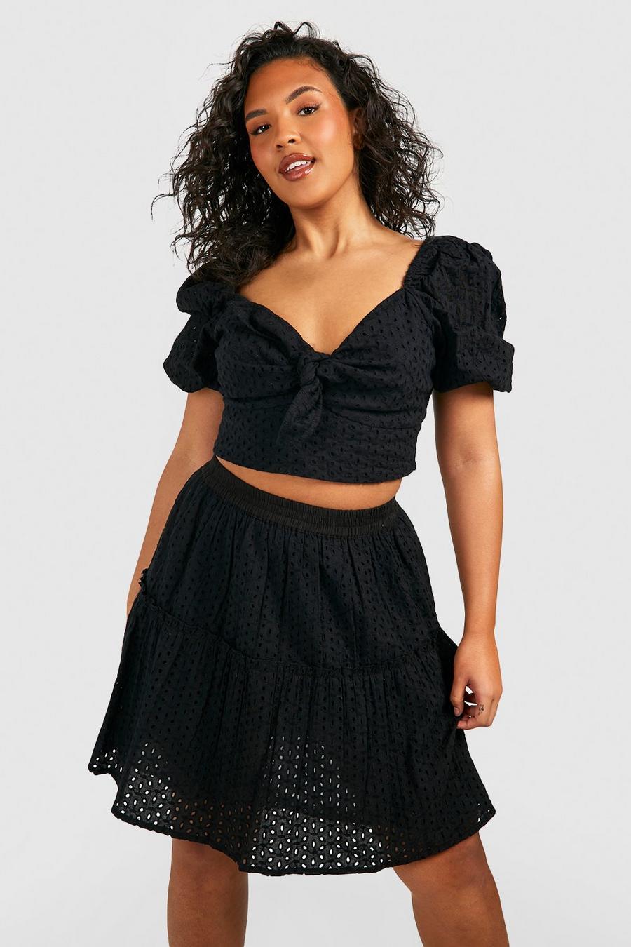Black Plus Eyelet Tie Front Top & Skater Skirt Two-Piece image number 1