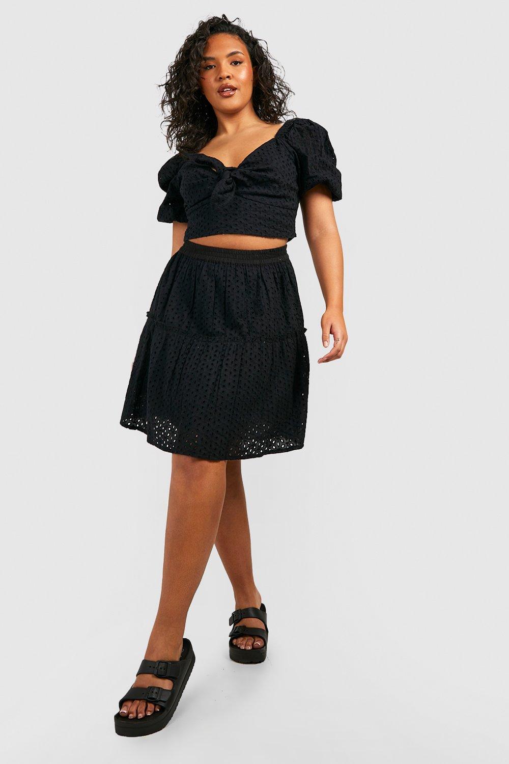 Plus Broderie Tie Front Top & Skater Skirt Co Ord