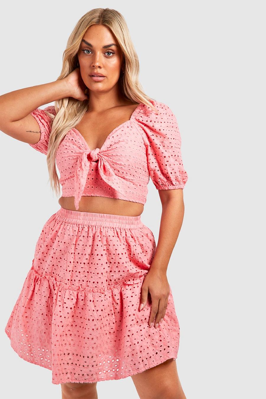 Coral pink Plus Eyelet Tie Front Top & Skater Skirt Two-Piece