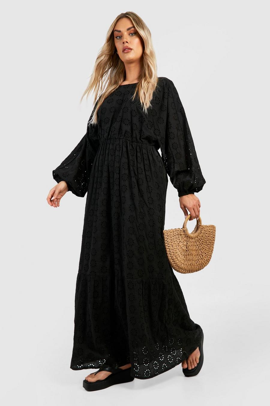 Black Plus Broderie Anglaise Longsleeve Tiered Maxi Dress