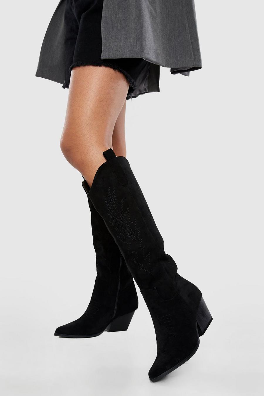 Black Knee High Embroidered Western Cowboy Boots image number 1