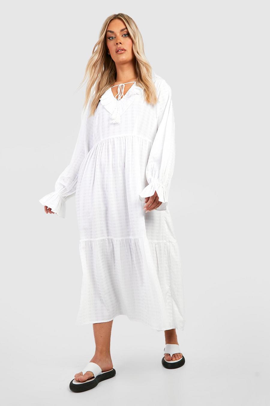 White Plus Textured Ruffle Smock Midaxi Dress image number 1