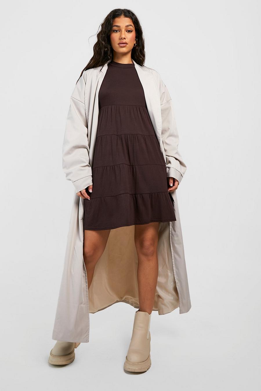 Chocolate High Neck Tiered Smock Dress image number 1