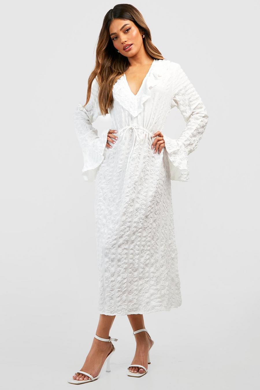 White Textured Smock Midi Dress  image number 1