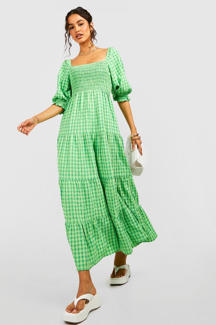 Green Gingham Print Midi Dress image number 1