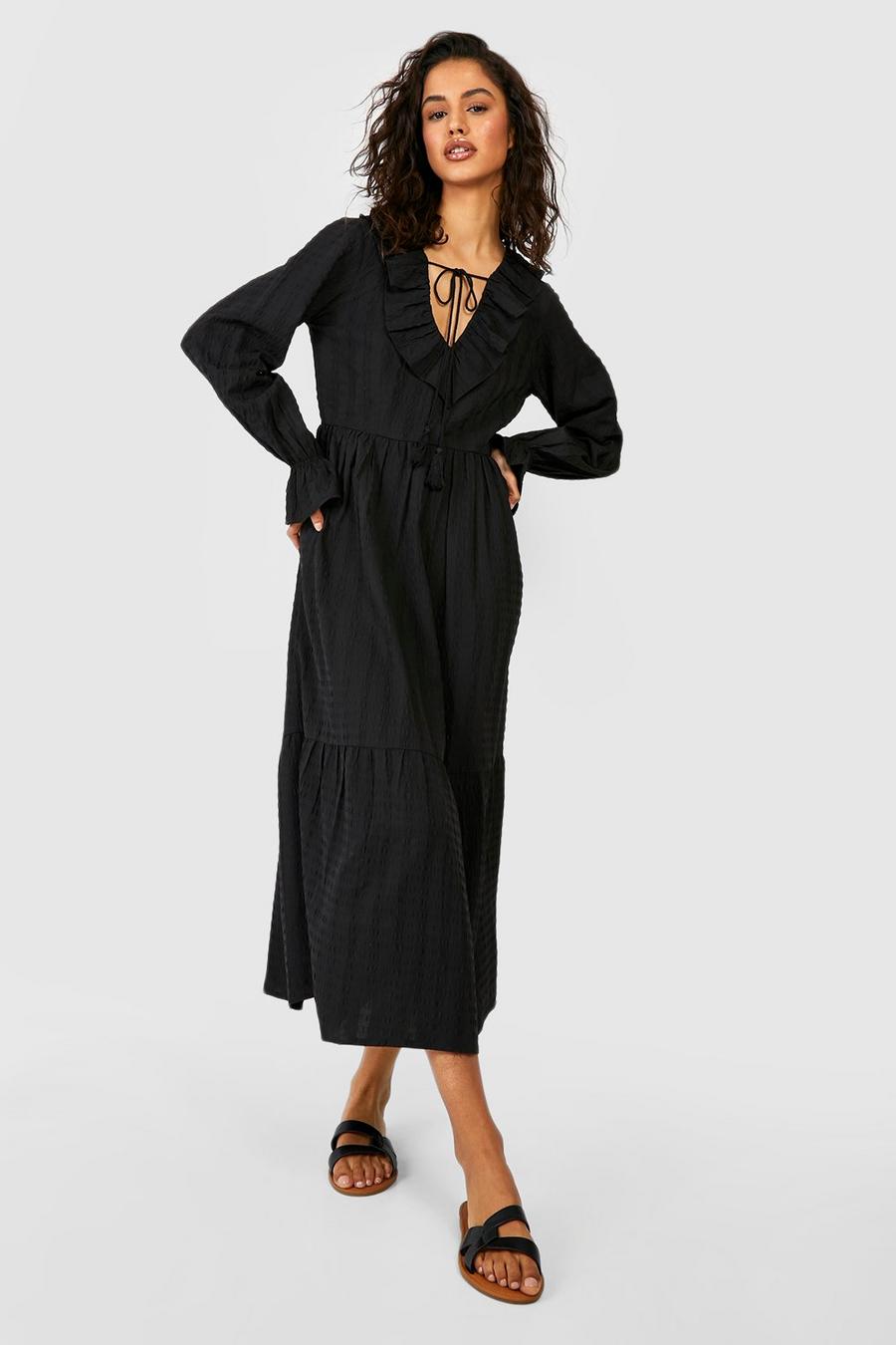 Black Textured Ruffle Smock Midi Dress image number 1