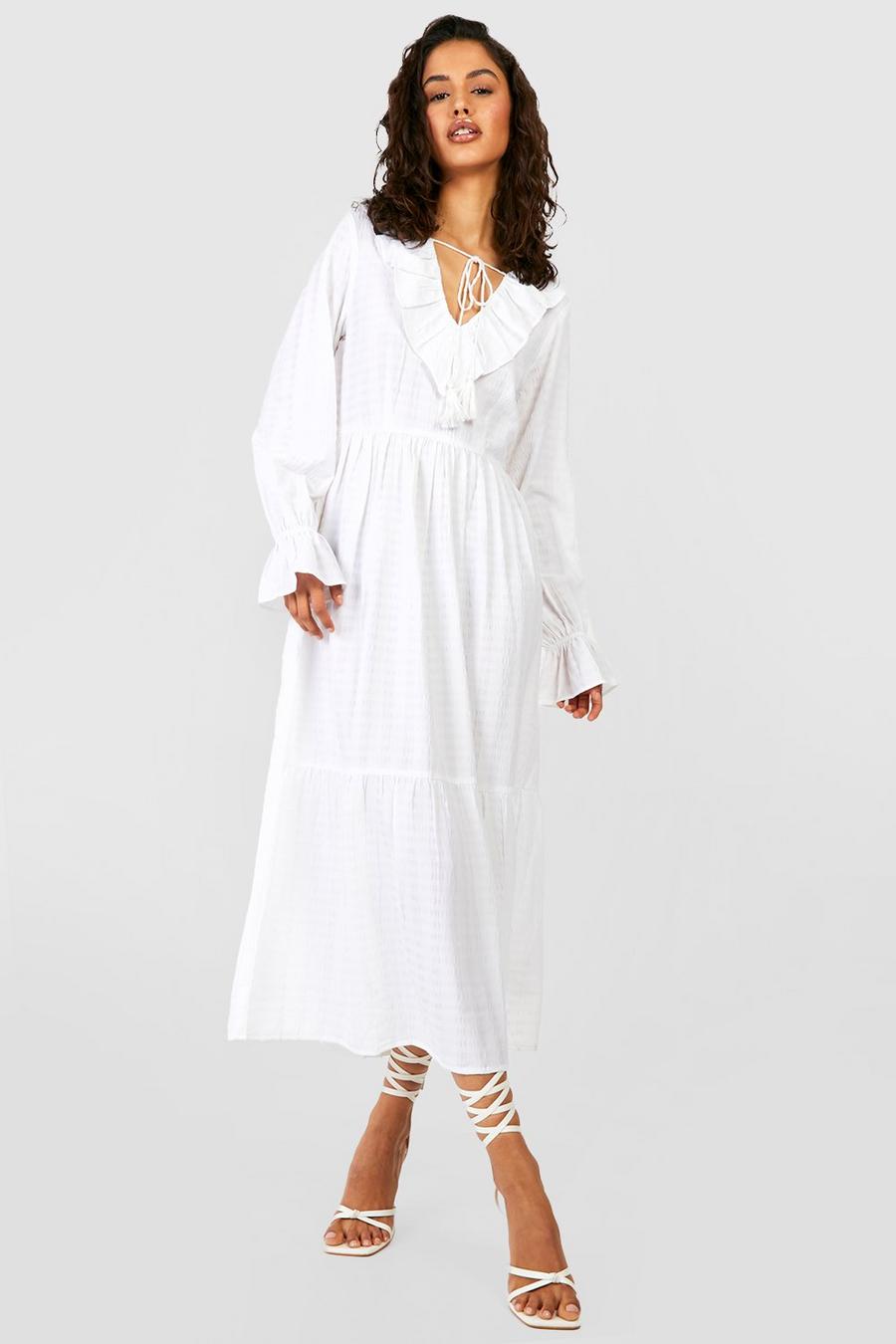 White Textured Ruffle Smock Midaxi Dress image number 1