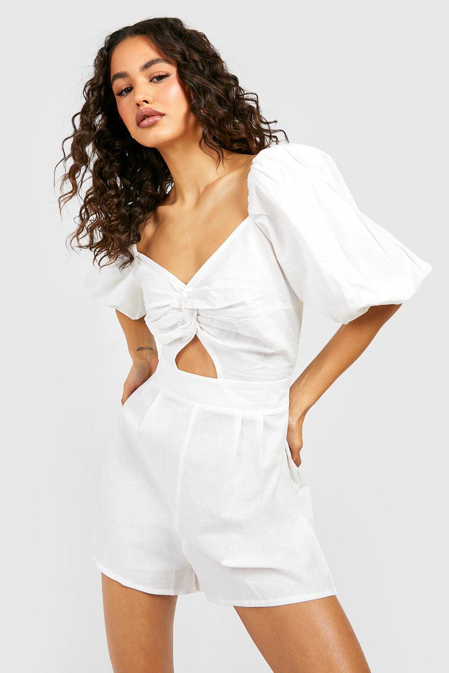 White Puff Sleeve Playsuit  image number 1