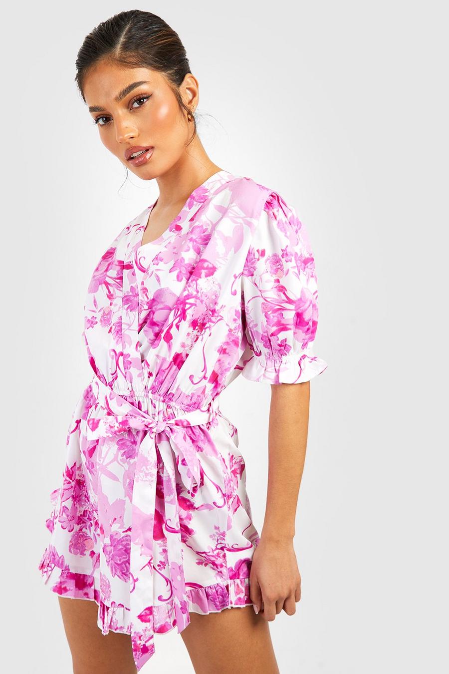 Floral Wrap Ruffle Short Playsuit, Pink rosa