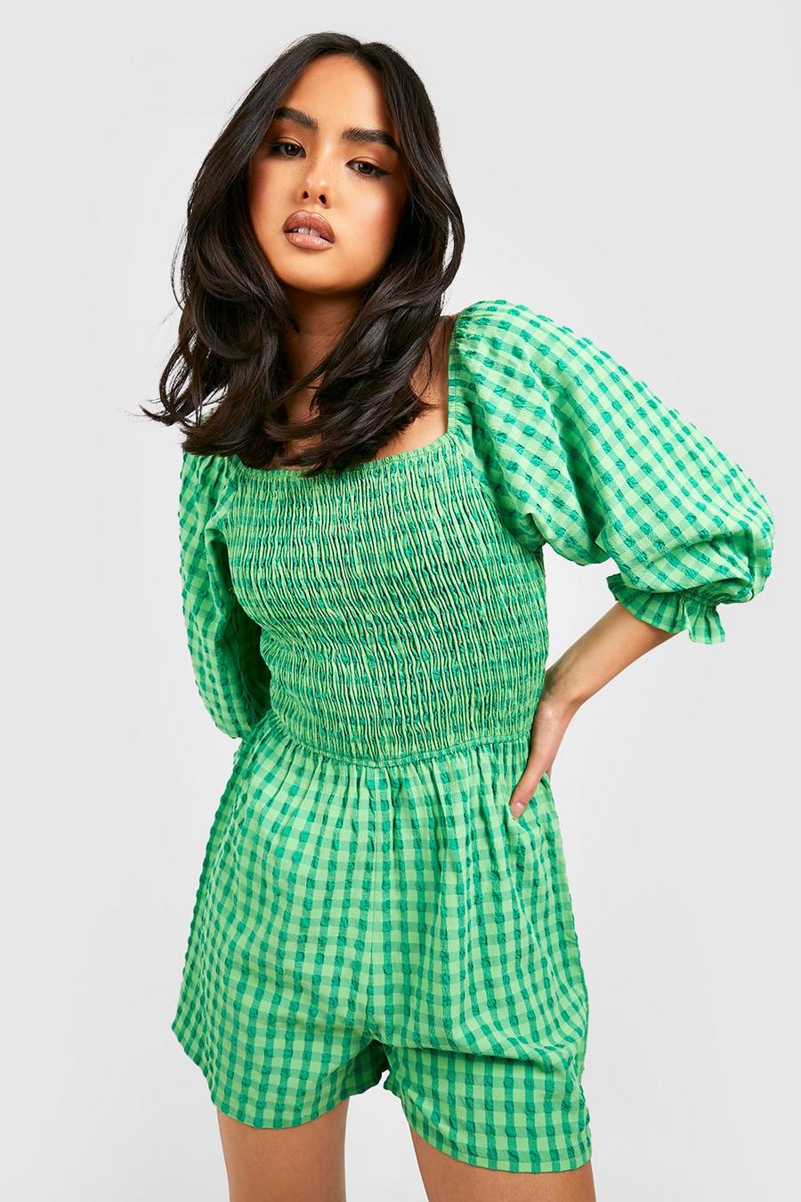 Green Gingham Textured Playsuit  image number 1