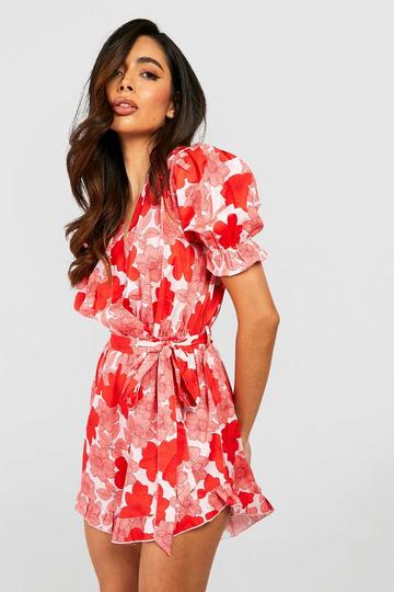 Floral Wrap Ruffle Short Romper pink